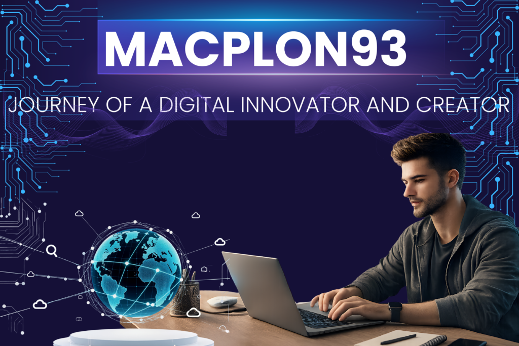 Macplon93 working on laptop with AI and digital innovation visuals