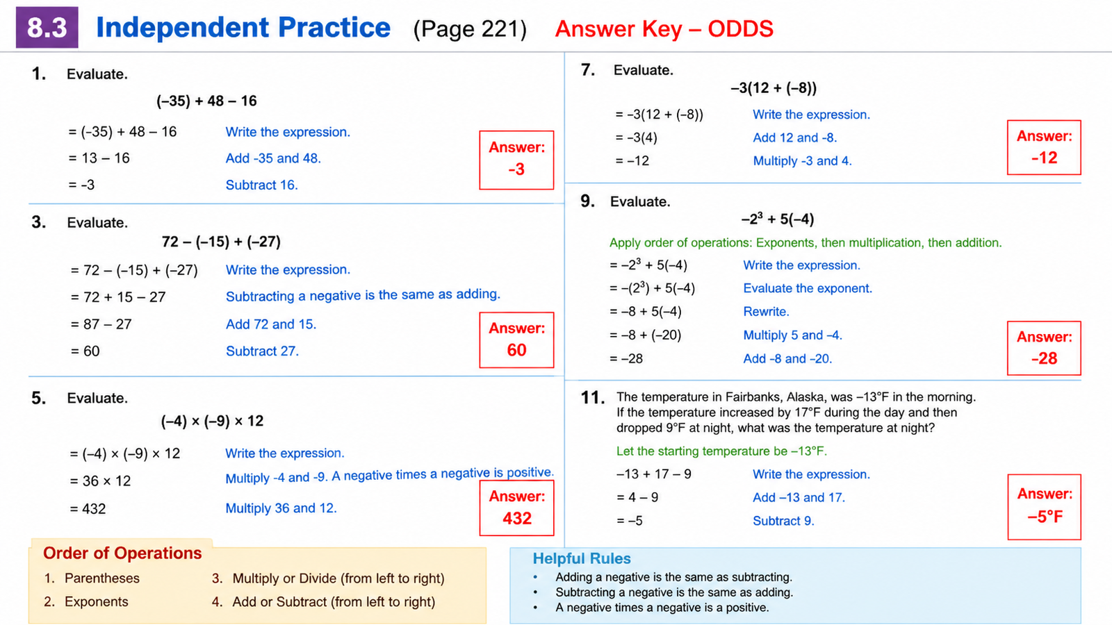 Unit 8.3 Independent Practice Page 221 Answer Key ODDS Full Working Steps